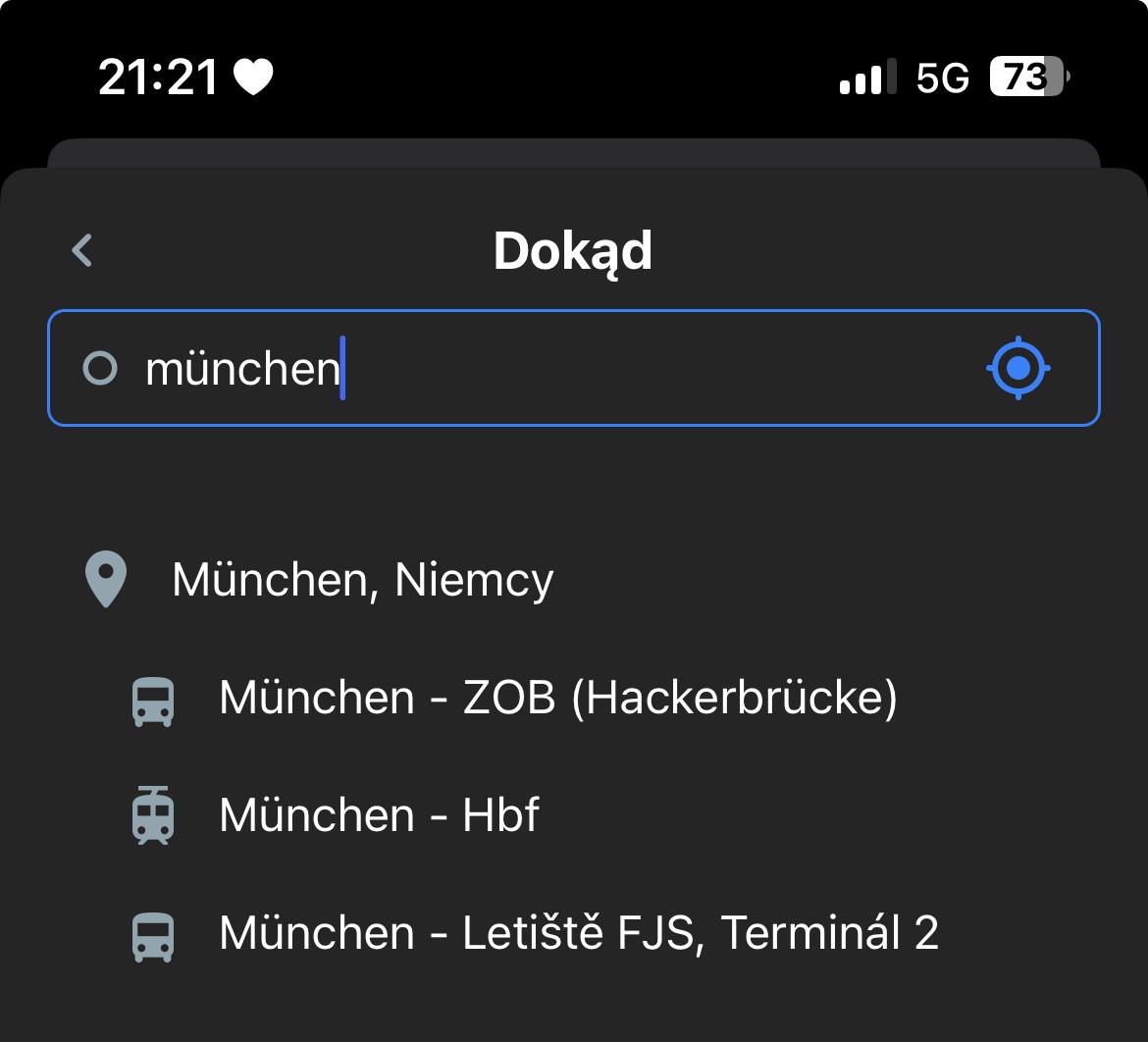RegioJet app, with “münchen” entered in the search box; “München - Letište FJS, Terminál 2” comes up as one of the options