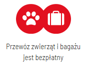 Fragment strony internetowej wtp.waw.pl zawierający ikonę łapy i walizki podpisany "Przewóz zwierząt i bagażu jest bezpłatny"