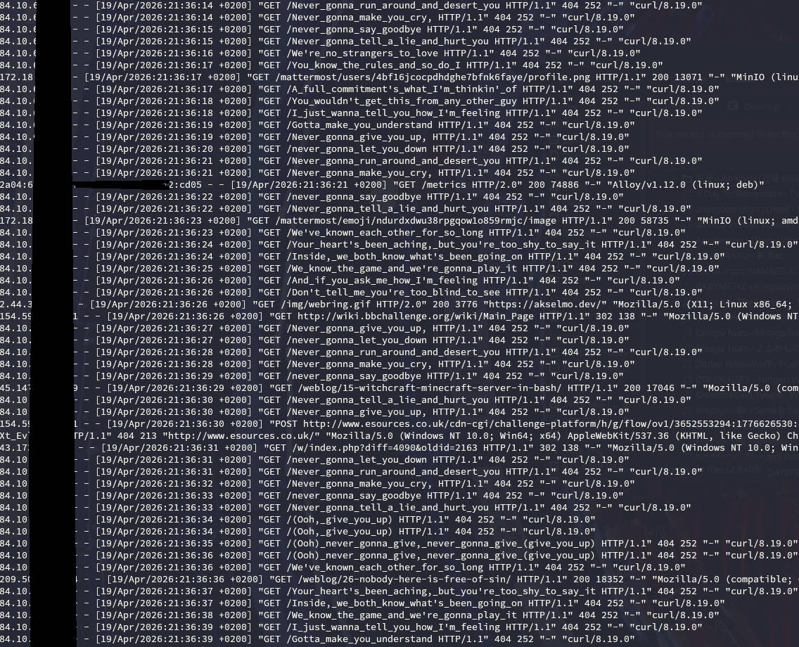 terminal screenshot; nginx access log showing... yeah. lyrics to Rick Astley's hit song