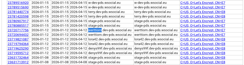 Certificate Transparency logs on crt.sh, showing usernames like "werttiom", "lora42", or "denys99f" Certificate Transparency logs on crt.sh, showing usernames like "werttiom", "lora42", or "denys99f"
