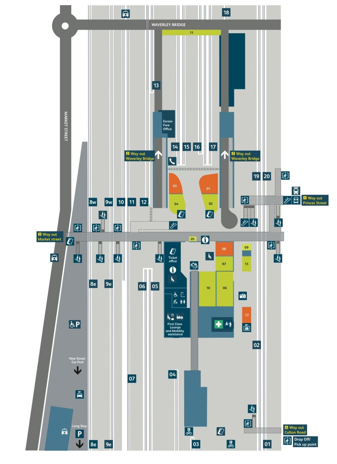 Map of Edinburgh Waverley. There’s some through platforms in either side, then a large central island with haphazardly placed bay platforms of random lengths. Also some of the through platforms have two numbers (a crossover, not shown in the image separates the differently-numbered parts of those platforms) while other through platforms have one number but “east” and “west” designations Map of Edinburgh Waverley. There’s some through platforms in either side, then a large central island with haphazardly placed bay platforms of random lengths. Also some of the through platforms have two numbers (a crossover, not shown in the image separates the differently-numbered parts of those platforms) while other through platforms have one number but “east” and “west” designations