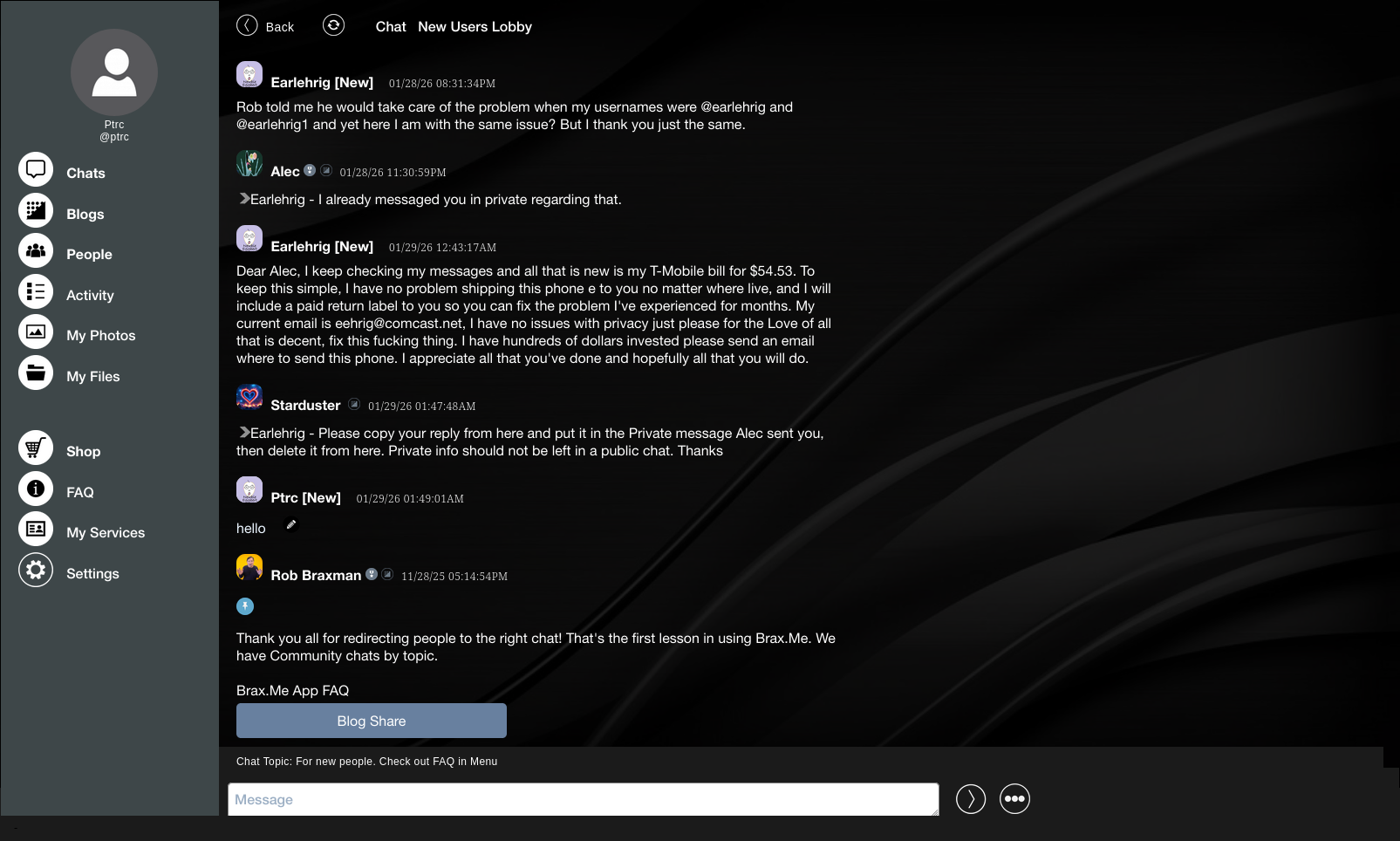 the brax.me "social media", with a sidebar on the left showing options like chats, blogs, and people, as well as a chatroom called "New User Lobby", with messages from users Earlehrig, Alec and Starduster. the entire webapp looks like something that was coded in the early 2010s by a single dev, with elements looking odd and out of place, general lack of style and direction