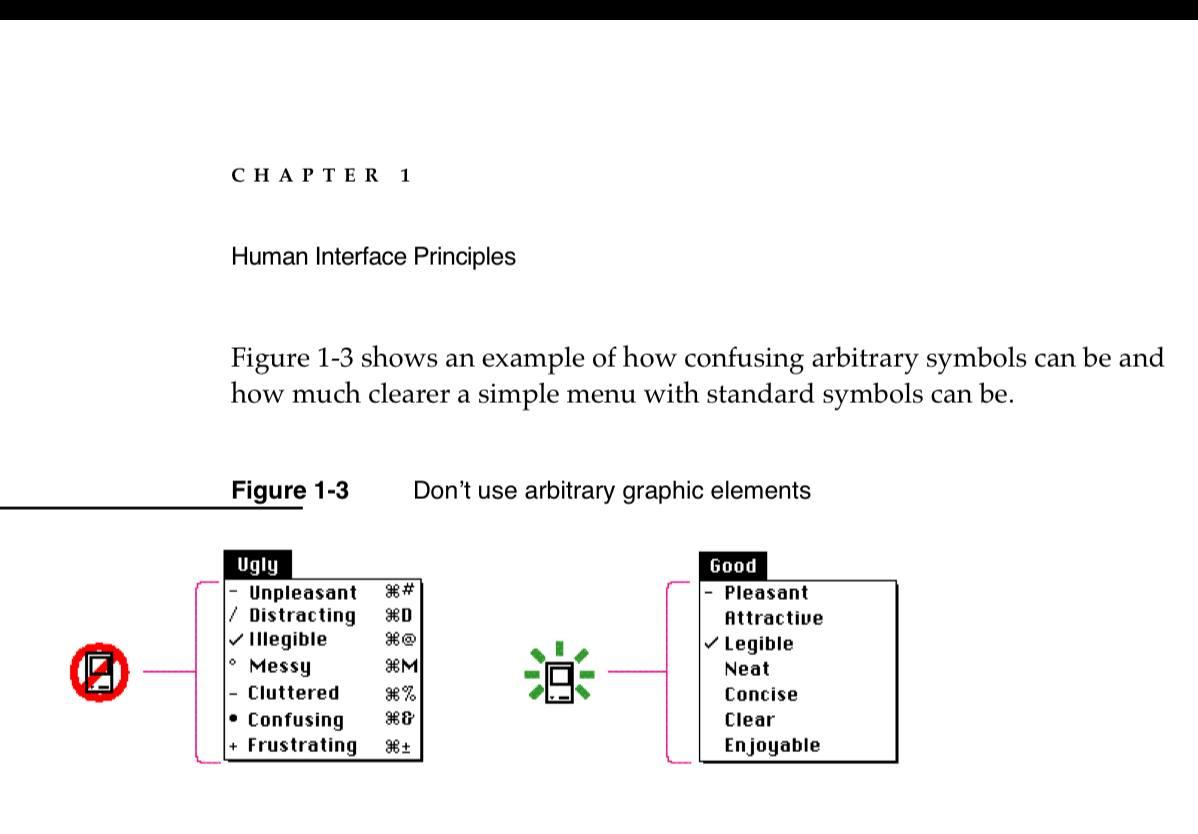 A quote from HIG: two menus, one with icon next to each item labeled “Ugly” and one “Good” with just two simple icons for 7 items