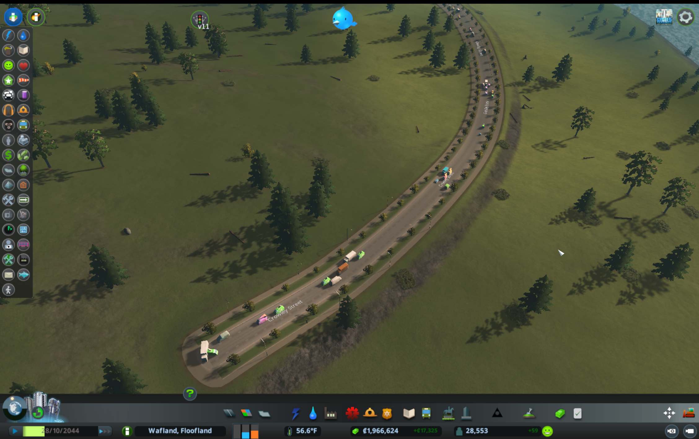 a bunch of cars that are making a u-turn at the end of a large road that leads to no where with literally no buildings at all on it