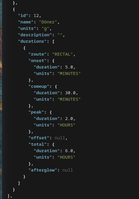 json object for a döner with properties for effect durations for rectal ingestion
