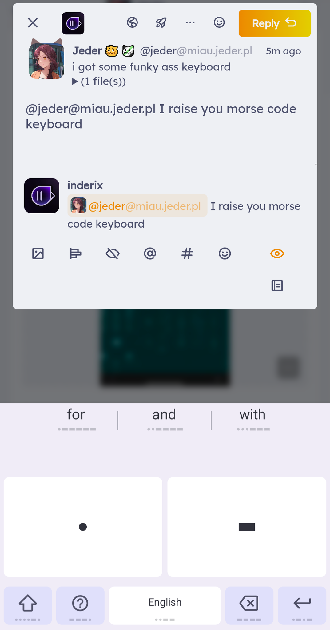 The Sharkey UI and below it Gboard with two giant buttons for typing in morse code