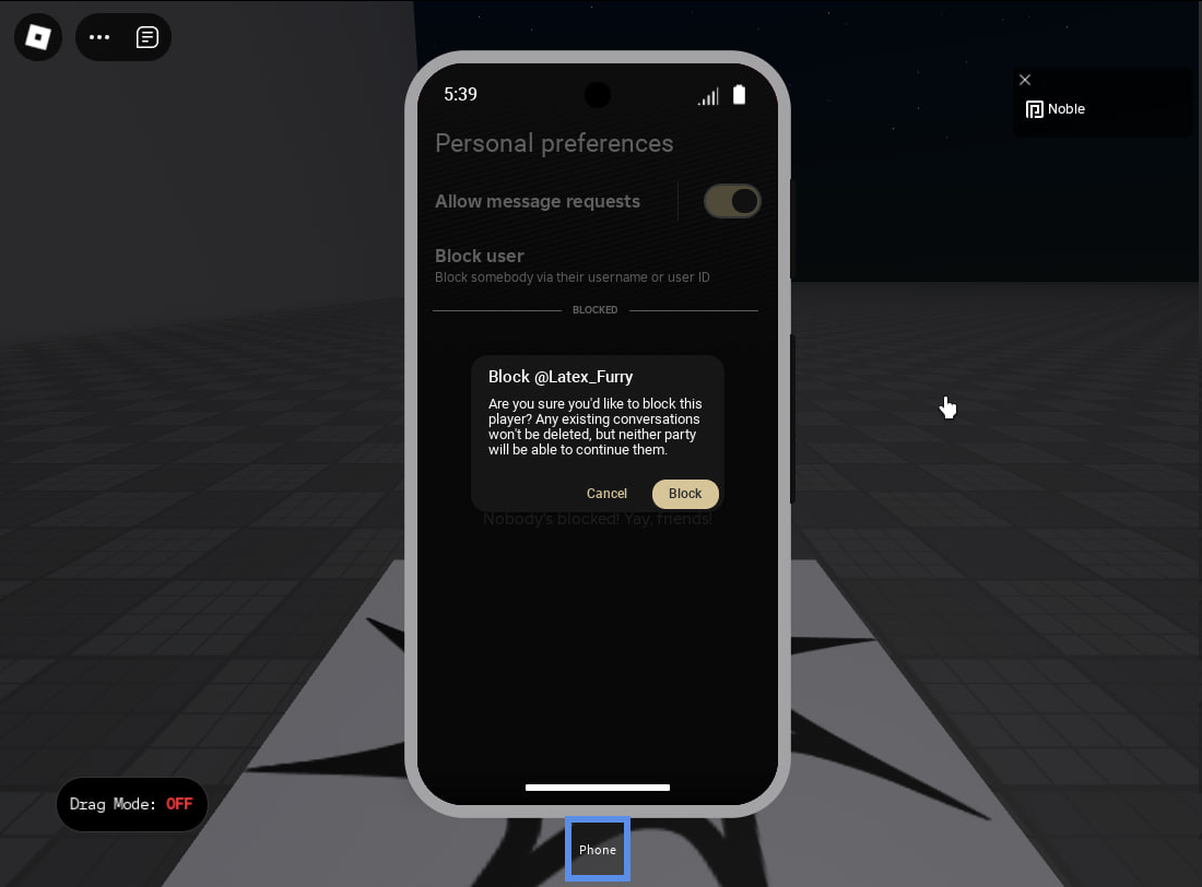 Popup titled "Block @Latex_Furry"
Are you sure you'd like to block this player? Any existing conversations won't be deleted, but neither party will be able to continue them.
The options are "Cancel" (secondary) or "Block" (primary) Popup titled "Block @Latex_Furry"
Are you sure you'd like to block this player? Any existing conversations won't be deleted, but neither party will be able to continue them.
The options are "Cancel" (secondary) or "Block" (primary)