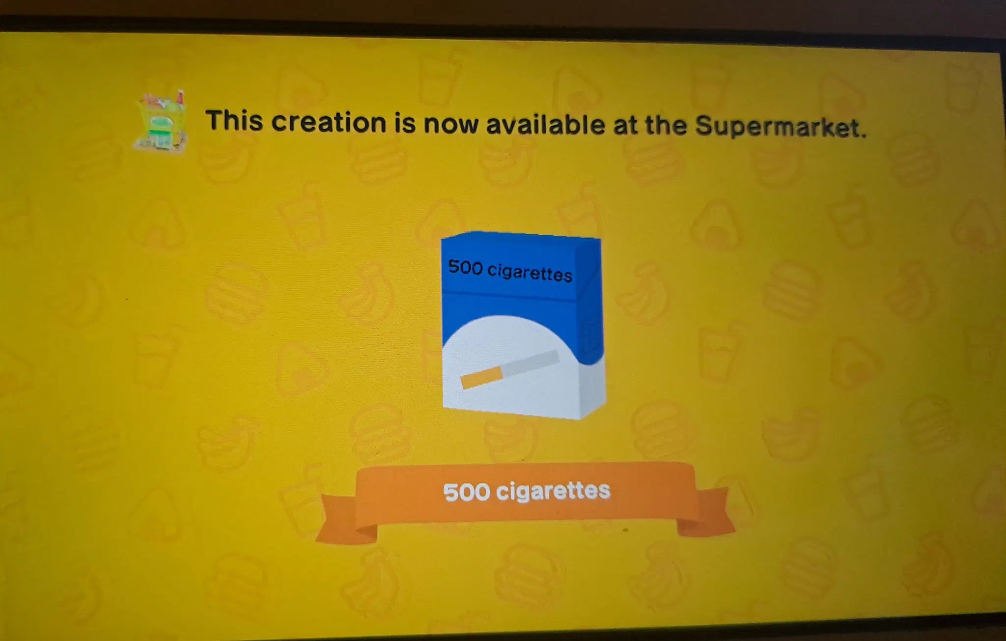 A screenshot of Tomodachi life; a custom food item called "500 cigarettes"  
