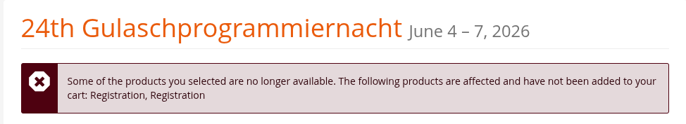 Some of the products you selected are no longer available. The following products are affected and have not been added to your cart: Registration, Registration